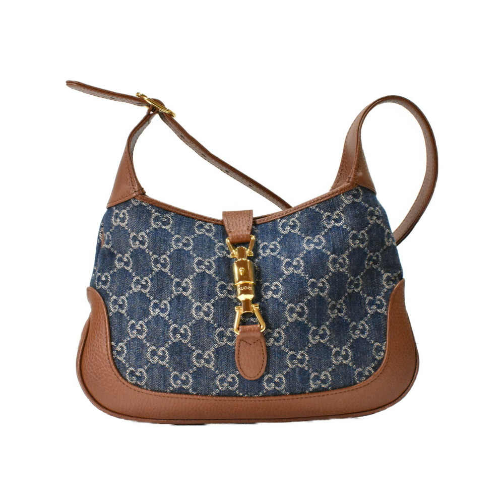 GUCCI Jackie Brown Blue Leather GG Jacquard Denim Shoulder Bag Crossbody